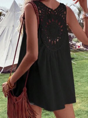 Black Bohemian Crochet Patchwork Sleeveless Tunic