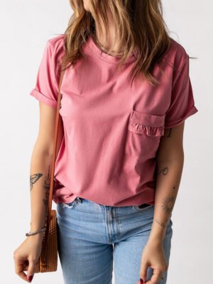 Frilled Pocket O-neck Short Sleeve T Shirt