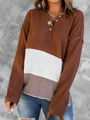 Brown Splicing Buttoned Knitted Long Sleeve Sweater