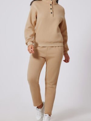 Parchment Solid Half Button Sweatshirt and High Waist Sweatpants Set