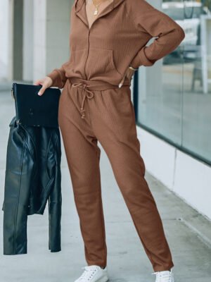 Brown Waffle Knit Zip-Up Hoodie and Pants Athleisure Outfit